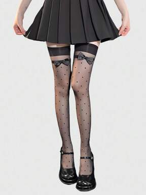 Kawaii 1 Pair Cute Polka Dot Pattern Bow Over-The-Knee Socks, Minimalist Style Solid Black Fishnet Socks, Daily Ultra-Thin Elastic Sheer Tights