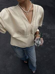 Siren Gaze Áo sơ mi vải lanh pha trộn họa tiết sọc dành cho nữ - Màu be - Xem 5