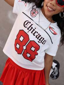 Coolane Kids Dziewczęca luźna, minimalistyczna, duża, nadrukowana liczba, okrągły dekolt, krótki rękaw, luźna koszulka dla dziewcząt, odpowiednia na lato - Biały - Zobacz 2