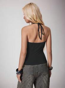 Pretty Bratty Summer Casual Letter Print Halter Neck Backless Top 70s Tops Top Y2K Outfits SXY 2000s Cute Top Back To School Club Outfits Women Sexy - Dark Grey - View 3