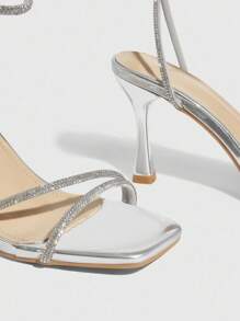 CUCCOO SZL Rhinestone Embellished Square Toe High Heel Sandals, Stylish For Commute, Date, And Party For Christmas - Silver - View 9