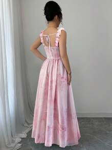 Elenzga 女式优雅飘袖心形领收腰分层不对称下摆 A 字长裙，扎染彩色印花金属装饰，春夏 - 粉色 - 查看 2