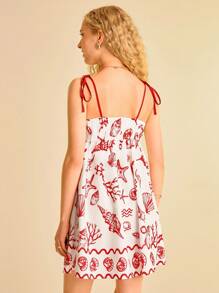 CAJUNI فستان قصير مع حمالات رفيعة واربطة، مطبوع بعناصر استوائية ساحلية مثل الصدف، فستان صيفي عادي للعطلة