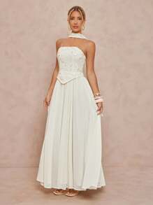 Lumalex 全白派对套装 女士秋季简约复古闪亮假日派对套装 锐舞节郊游泳装度假波西米亚风 BOHO 海滩热门户外层次丰富的婚礼季宴会成人礼海滩海边女士抹胸长裙配围巾，秋季婚礼宾客礼服 - 米色 - 查看 6