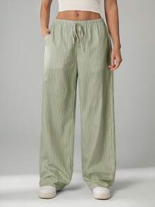 SHEIN Tall Pantalones casuales sueltos de pierna ancha con lazo a la cintura y estampado de rayas para mujer