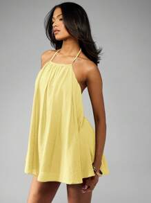 MISSGUIDED Backless Halter Neck Mini Playsuit Summer Beach Linen Romper Party Vacation Festival Short Jumpsuit Wide Leg Holiday Resort Wear - Yellow - View 6