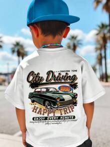 SHEIN ModeFlare Wear Young Boy Casual Minimalist Car Graphic Round Neck Short Sleeve T-Shirt, Suitable For Summer, Contains Cotton