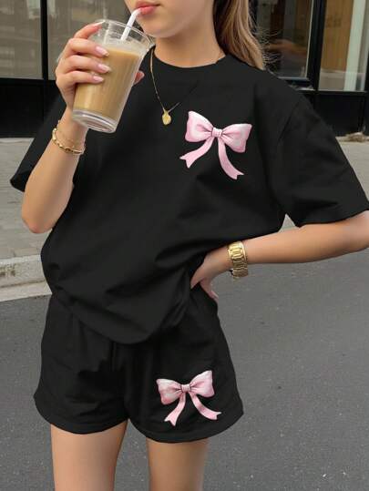 SHEIN Leap Crew 青少年女孩休闲简约短袖和短裤两件套，适合夏季