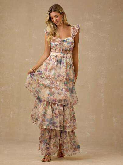 Enchnt Spring/Summer Romantic Women's Khaki Floral Print High Slit Sweetheart Neck Ruffled Hem Maxi Dress,Sweet&Elegant For Vacation&Date&Holiday&Party&Graduation&Wedding Guest&Beach,Prom Dress,Summer Dresses For Women,Sun Dresses For Women,Summer Clothes, ,Elegant Dresses For Party
