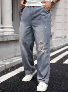 Manfinity Homme Distressed Vintage Washed Slim Fit Stretchy Punk Chic Jeans - Blue - View 3