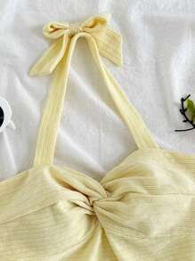 SHEIN 青少年女孩度假优雅纯色扭褶荷叶边下摆挂脖连衣裙