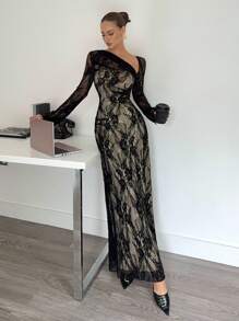 Siren Gaze Women Asymmetrical Mesh Black Bodycon Dress, Bare Shoulder, Pleated Waist, A-Line Hem, Holiday Dress, French Camisole Dress, Black Long Sleeve Dress Black Lace Dress See Through Dress Long Sleeve Midi Dress Elegant Evening Dress,Fall Dresses For Women Winter Party Evening Dress