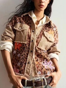 Bohemela 秋冬BOHO豹纹休闲复古梭织女式夹克 - 棕色 - 查看 5