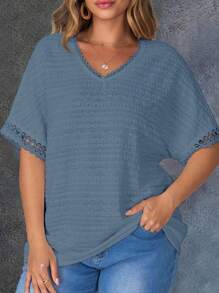 EMERY ROSE Plus Size Women Summer Casual Solid Color Textured Batwing Top,Country Casual Vacation,Simple And Fashionable For Everyday Wear,Summer Tops Women,Vacation Summer Office Wear, Vacation, Summer Festival Boho,Holiday