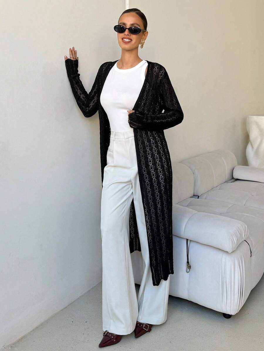 Lavishia Cardigan lungo a maniche lunghe attillato in maglia da donna, colore nero, adatto per inizio autunno, pendolarismo quotidiano e shopping - nero - Visualizzare 1