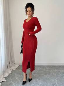 Elenzga 2pcs/Set Women Casual Solid Color Knitted Sweater And Skirt Set Fall Winter Cloth For Women - Burgundy - View 4