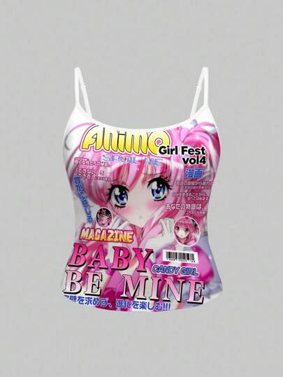 Camisole de femme avec imprimé fille anime de dessin animé mignon rose en forme de cœur et bretelles