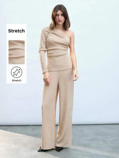 Maija 女士夏季纯色露肩褶皱修身长袖 T 恤上衣和松紧腰宽松裤时尚休闲日常度假两件套外出服