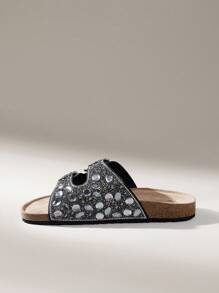 Solecia Sandalias planas con decoración de rhinestones para mujeres en verano - Negro - Ver 4