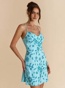 SHEIN BAE 纯绿色性感露背系带饰钉亮片装饰迷你连衣裙，适合女士穿着，优雅露背连衣裙，适合海滩、度假、夏季 - 藍色 - 查看 3