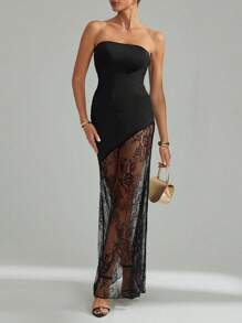 SHEIN Tall Elegant Black Lace Strapless Bodycon Dress With Asymmetrical Hem For Valentine's Day, Wedding, Party Concert Rave Outfit Women Dresses Prom - Black - View 6