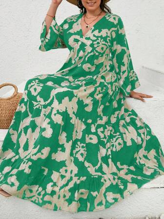SHEIN Plus VCAY Allover Print V Neck Long Sleeve Long Dress Made Of Woven Viscose Fabric