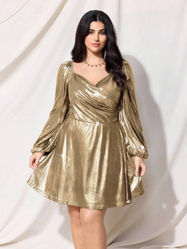 SHEIN MOD Plus Size Women's Retro Metallic Lantern Sleeve Wrap Party Mini Dress, Summer Holiday Party Attire, Black/Gold, Graduate Season,Gold Dress,Fall Dresses,Y2k Dress,Club Dress,Formal Dress,