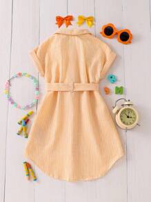 SHEIN Vestido de manga corta con cuello polo, cuello de tirantes cortos y cómodo para niña, adecuado para uso diario, de vuelta a la escuela - Amarillo - Ver 3