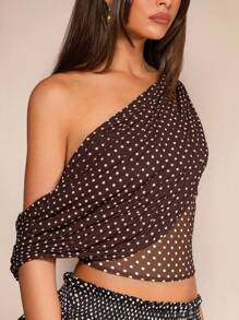 Glamine Women's Ruched Off-Shoulder Cropped Fashionable Polka Dot Print Blouse Fall Women Clothes Back To School Cute Kawaii Streetwear Polka Dot Top Polka Dot Dress  Halloween, Christmas - Brown - View 3