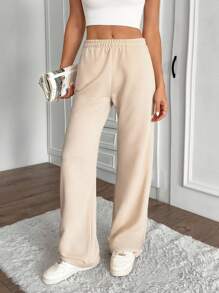 EURMUSE Women's Beige Casual Elastic Waist Detailed Wide Leg Sweatpants - Beige - View 5