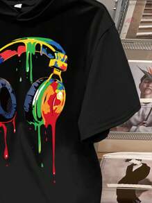 SHEIN Leap Crew Teen Boy Casual Graphic Print Short Sleeve Hoodie T-Shirt,Black Summer Streetwear Beach Music Headphone Graphic Hoodies Tee,Graphic Tshirts Hoodies - Black - View 4