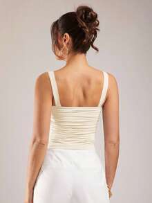 Silquee 女式休闲纯色褶皱修身背心，夏季，褶皱上衣，奶油色上衣，女式奶油色上衣，挤奶女工上衣，女式奶油色上衣，女式上衣