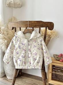 SHEIN Baby Girls Toddlers 0-3 Yrs Casual Hooded Fluffy Ditsy Floral Outerwear, Warm For Autumn/Winter Fall - Apricot - View 6