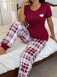 Red And Plaid Long Pant Pajama Set With Round Neck And Casual Style Burgundy Pajama Set Plaid Pajama Set, Fall Clothes