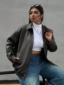 SHEIN EZwear Chaqueta suelta, de manga larga, con bolsillo con cierre delantero para mujeres de talla grande