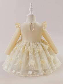 Glamorique Kids Vestido de manga larga para bebé/niña pequeña con bordado y diseño de manga de encaje, adecuado para varias ocasiones, que muestra un estilo elegante y lujoso - Albaricoque - Ver 2
