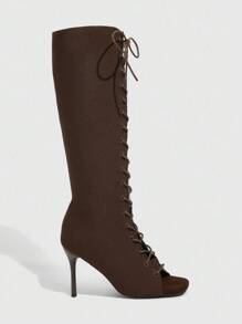 CUCCOO SZL Fashion Criss-Cross Strappy Peep-Toe Knee-High Boots For Christmas - Coffee Brown - View 9