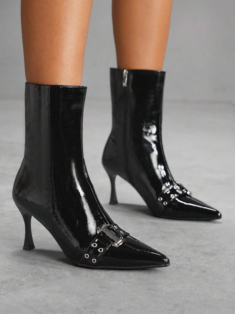 CUCCOO SZL Women's Pointed Toe Adjustable Buckle Shiny Fashion High Heel Ankle Boots And Ankle Boots