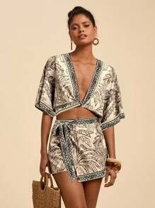 Travachic 女士度假棕榈树蝙蝠袖深 V 短款上衣和裹身系带短裙性感 2 件套