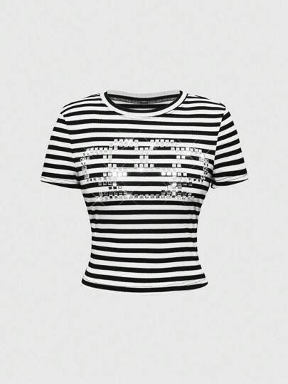 J-Fashion Y2K Vintage gestreiftes Damenshirt mit Strass-Verzierungen, figurbetont