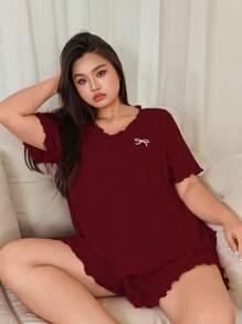 SHEIN Sweet Ruffle Edge Bow Embroidery Casual Home Pajama Set