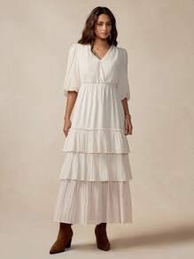 Florisole 女士优雅 V 领复古灯笼袖收腰分层 A 字长裙，白色，波西米亚风格，适合春秋派对