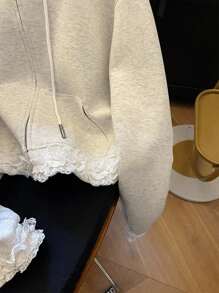 INAWLY Women Contrast Lace Trim Hooded Sweatshirt Fall