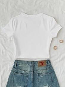 INAWLY Elegant Vacation Style Blue Floral Print Women's Slim Fit Short T-Shirt