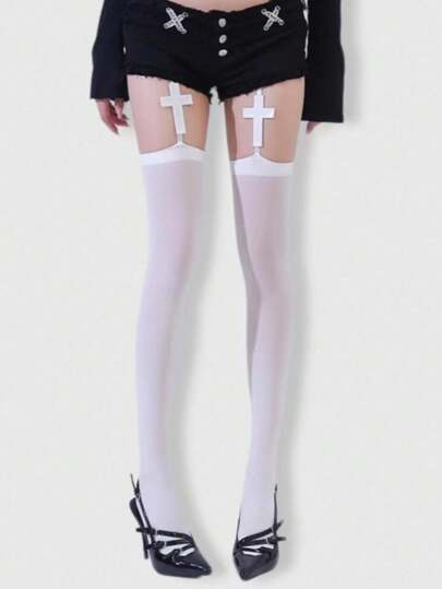 Grunge Punk 1 pezzo Collant sexy bianco con giarrettiere, collant/calze/leggings da donna