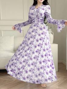 Feyla Robe femme élégante à imprimé floral all-over - Prune - Voir 5