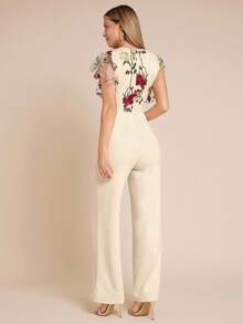 Amorya Elegant Women's V-Neck Mesh Floral Embroidered Ruffle Sleeve Apricot Color Jumpsuit Elegant Jumpsuits Embroidered Jumpsuit Floral Jumpsuit Palazzo JumpsuitAutumn And Winter Women's Clothing