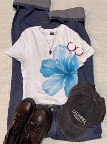 Attitoon Women's Round Neck Short Sleeve Fitted T-Shirt, Blue Floral Print, Vintage Style Suitable For Y2K, For Summer Floral Crop Top Flower Top Blue Floral Crop Top Suitable For Going Out