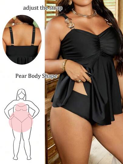 Swim Lushoire 2 st Plus Size Dam Sommar Justerbar Band Plisserad Svart Minikjol Med Hög Midja Triangelbyxor Strandresort Outfit