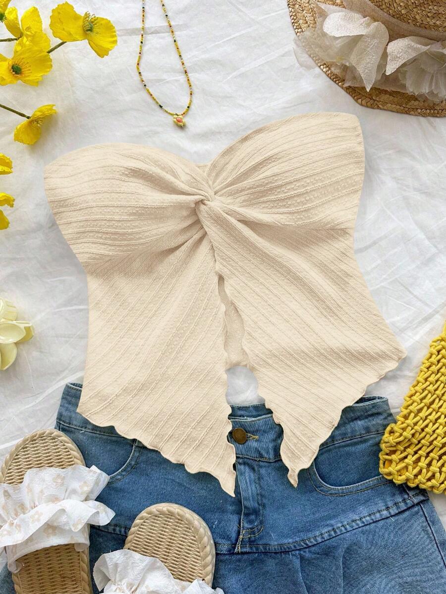 SHEIN PETITE Knitted Strapless Top In Apricot With Twist Detail And Crop Length Twisted Tube Top - Apricot - View 1